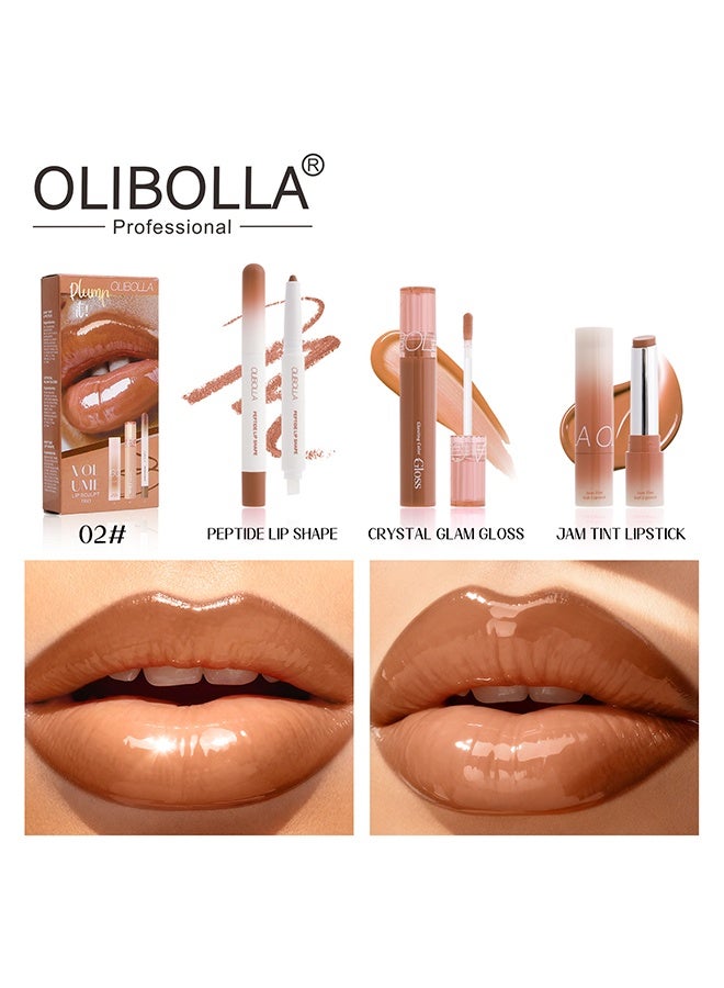 OLIBOLLA Volume Lip Sculpt Trio, 3PCS Lip Combo Set — Matte Lip Liner Pencil, Hydrating Tint Lipstick & Shine Gloss, Non-Sticky Long-Lasting Plumping Lip Makeup Kit for Women 02# - Image 2